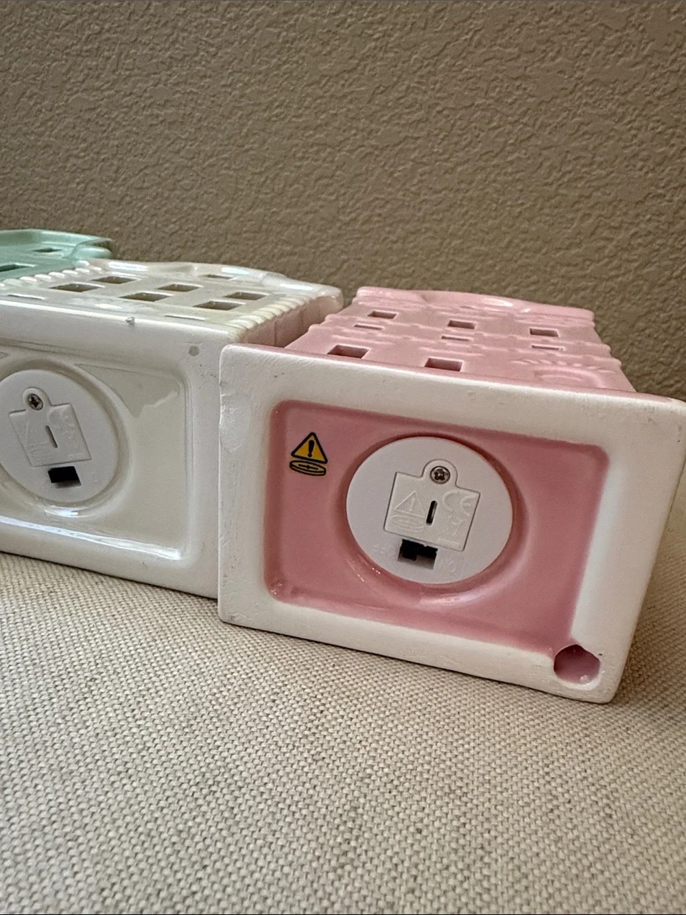Set-of-3 Ceramic Light-up Village Pieces, 4.5”-6.25” high, bottom on/off switch